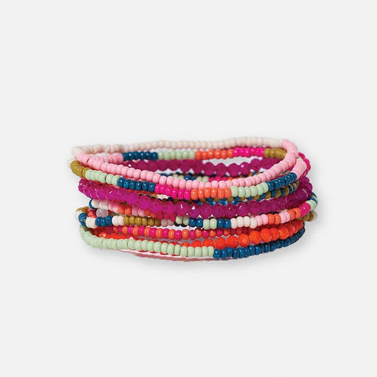 Sage Mixed Stripe Beaded 10 Strand Stretch Bracelets Rainbow