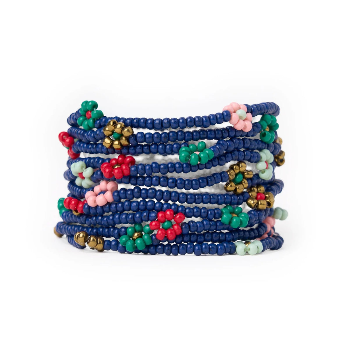 Sage Multi-Color Flower Beaded 10 Strand Stretch Bracelet Navy