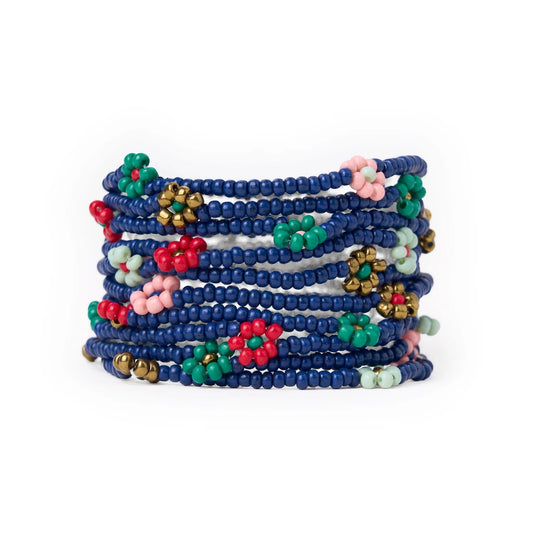 Sage Multi-Color Flower Beaded 10 Strand Stretch Bracelet Navy