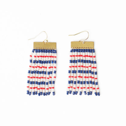 Scout Rectangle Hanger Mixed Horizontal Stripes Beaded Fringe Earrings Red + Navy