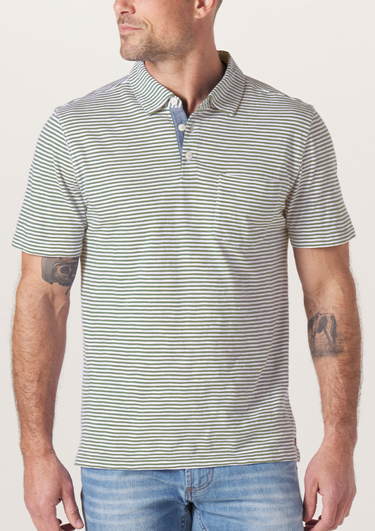 Vintage Slub Pocket Polo - Moss Stripe