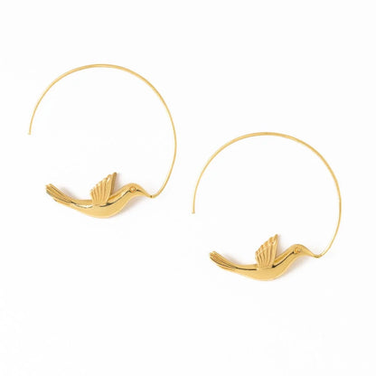 Wren Bird Hoop Earrings Brass