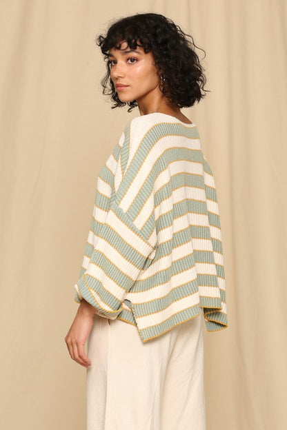 Wide Arm Horizontal Knitted Stripe Pullover Sweater Sage Multi