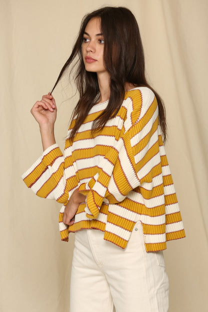 Wide Arm Horizontal Knitted Stripe Pullover Sweater Gold Multi