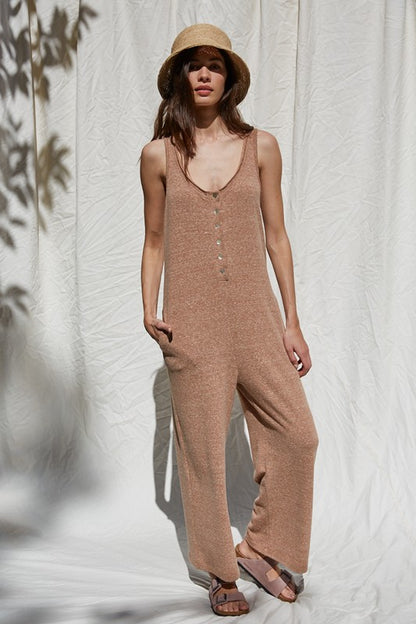 Knit Brushed Sleeveless Button Down Jumpsuit