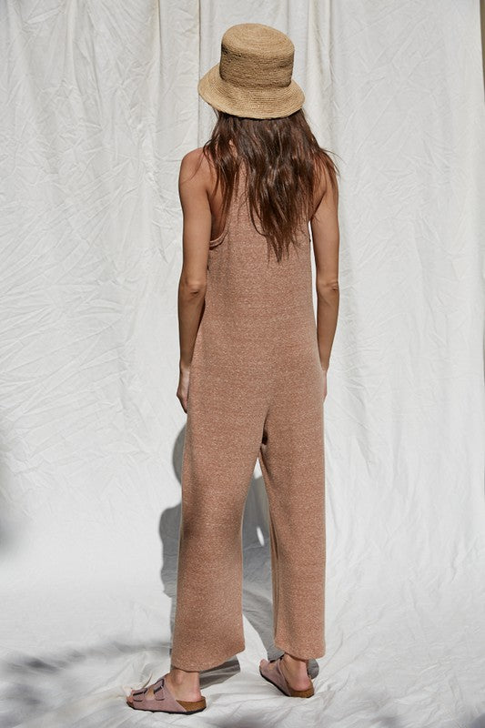 Knit Brushed Sleeveless Button Down Jumpsuit