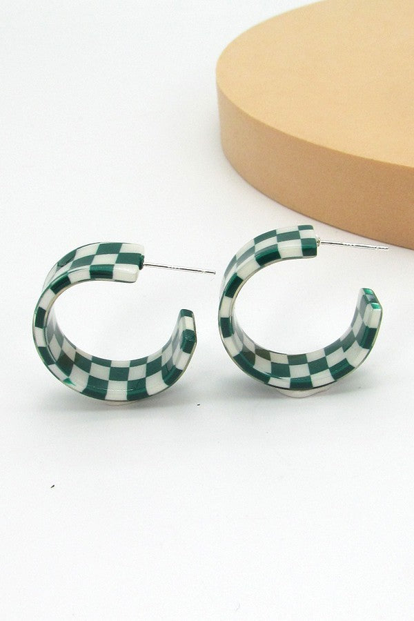 Green Checkered Hoop Earrings