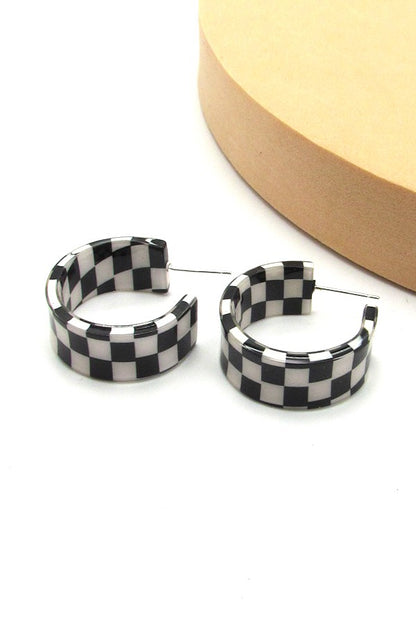 Black Checkered Hoop Earrings
