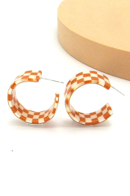 Orange Checkered Hoop Earrings