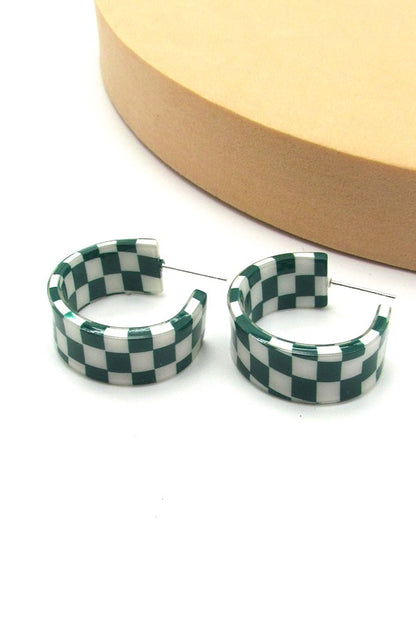 Green Checkered Hoop Earrings