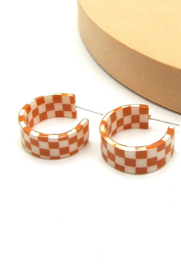 Orange Checkered Hoop Earrings