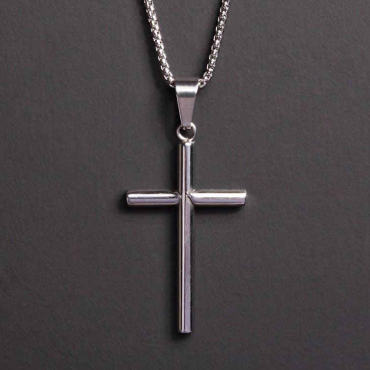 Large Stainless Steel "Bamboo" Cross Men's Necklace (24")