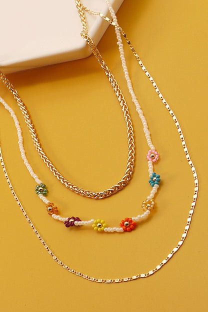 Flower Beads Layered Necklace - Gold