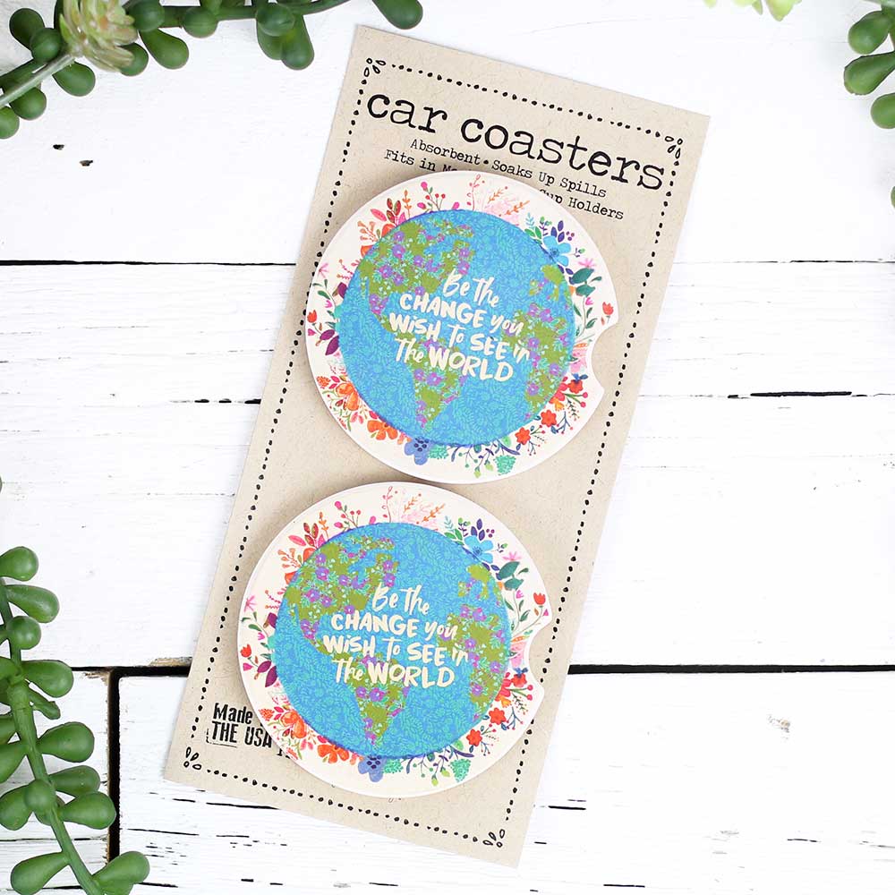 Natural Life Car Coaster Set of 2 "Be The Change"