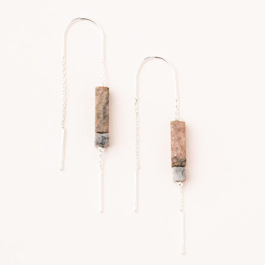 Rectangle Stone Rhodonite/Black/Silver Earrings