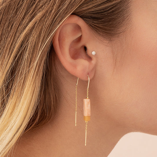 Rose Quartz/Amber/Gold Rectangle Stone Earrings