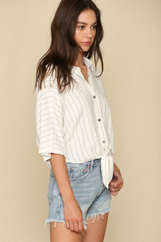 Button Down Collar Crop Front Tie Top