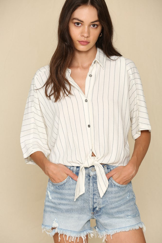 Button Down Collar Crop Front Tie Top