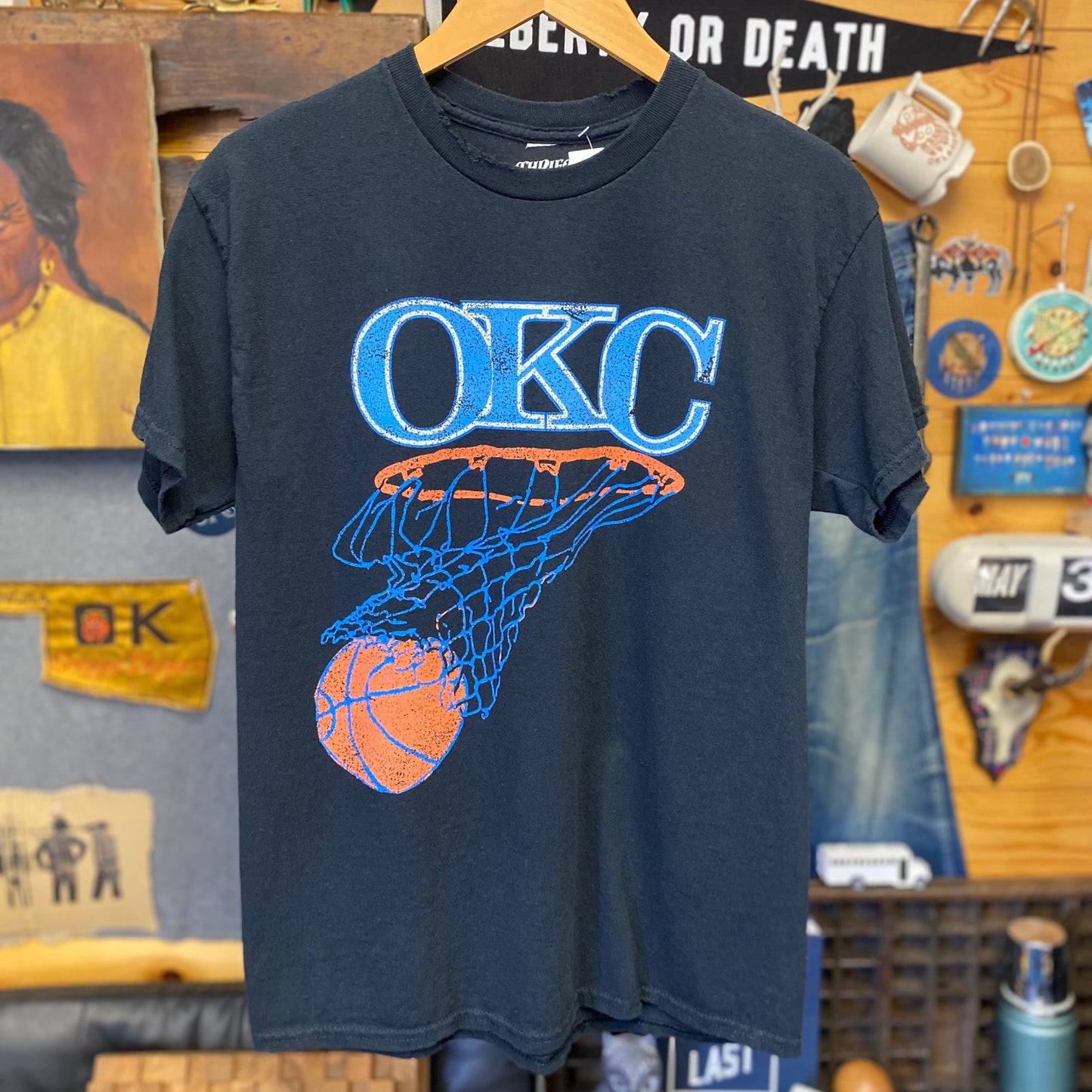 OKC Basketball Net Thrifted Tee - Black