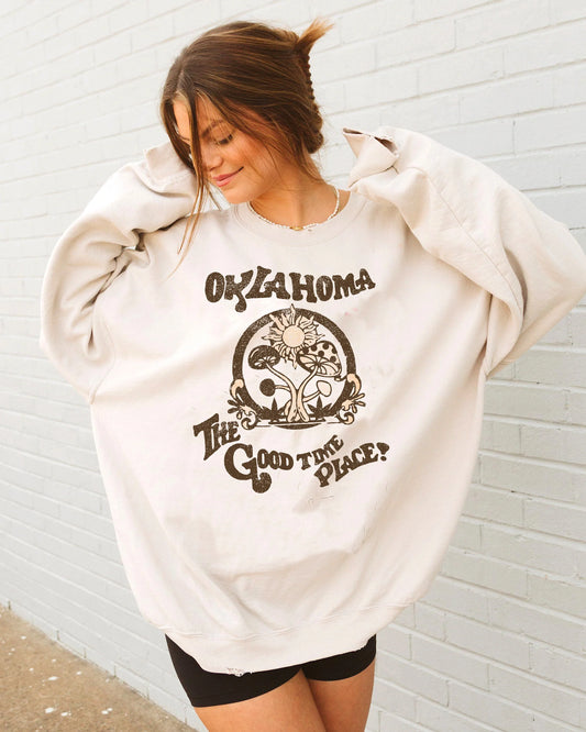 Oklahoma The Good Time Place Thrifted Sweatshirt - Sand