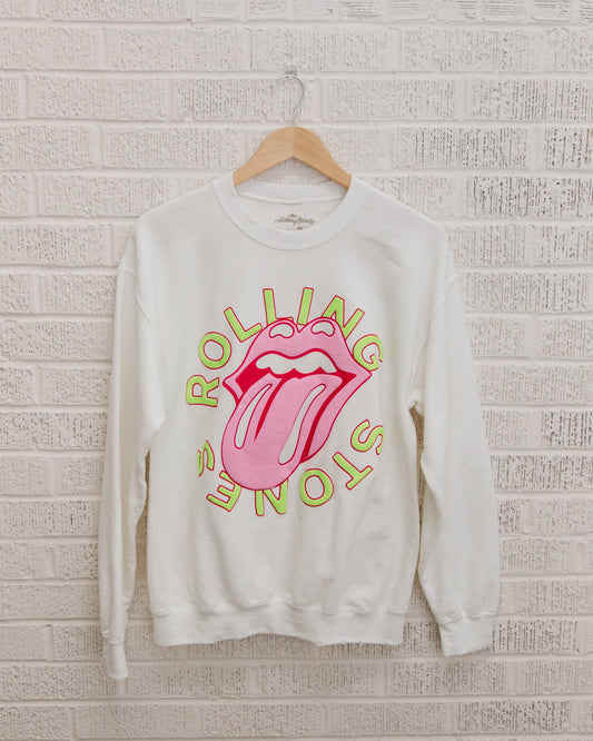 Rolling Stones Neon Puff Classic Lick Thrifted Sweatshirt - White