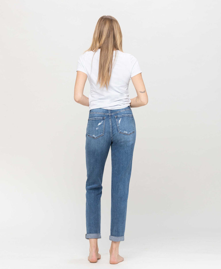 Distressed Double Cuffed Stretch Mom Jean - Moon Legend
