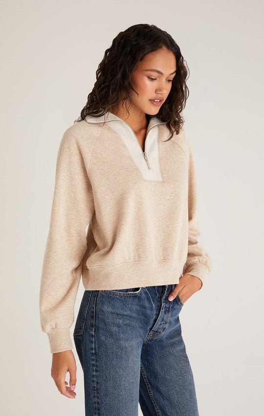 Emery Contrast Quarter Zip- Heather Latte