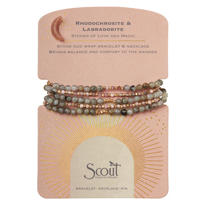 Rhodochrosite & Labradorite/Gold Duo Wrap Bracelet/Necklace/Pin