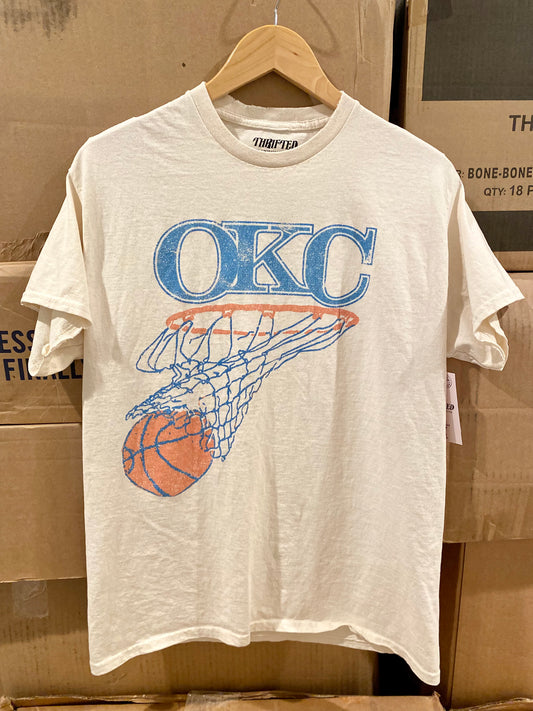 OKC Basketball Net Thrifted Tee - Off White