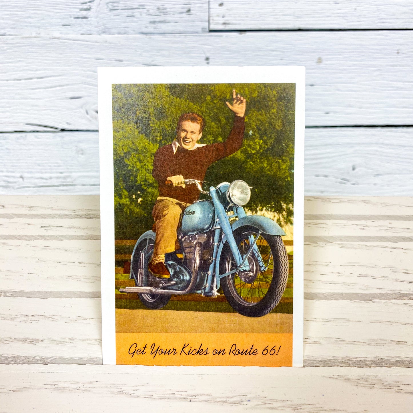 Found Image Press Kicks on Route 66 Motorcycle Postcard
