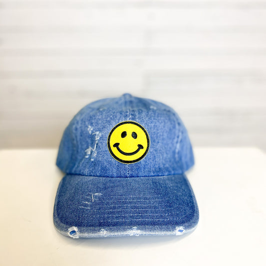 Smiley Face Distressed Denim Hat