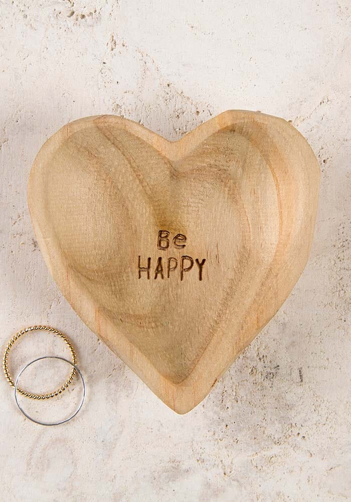 Natural Life Wooden Heart Dish "Be Happy"