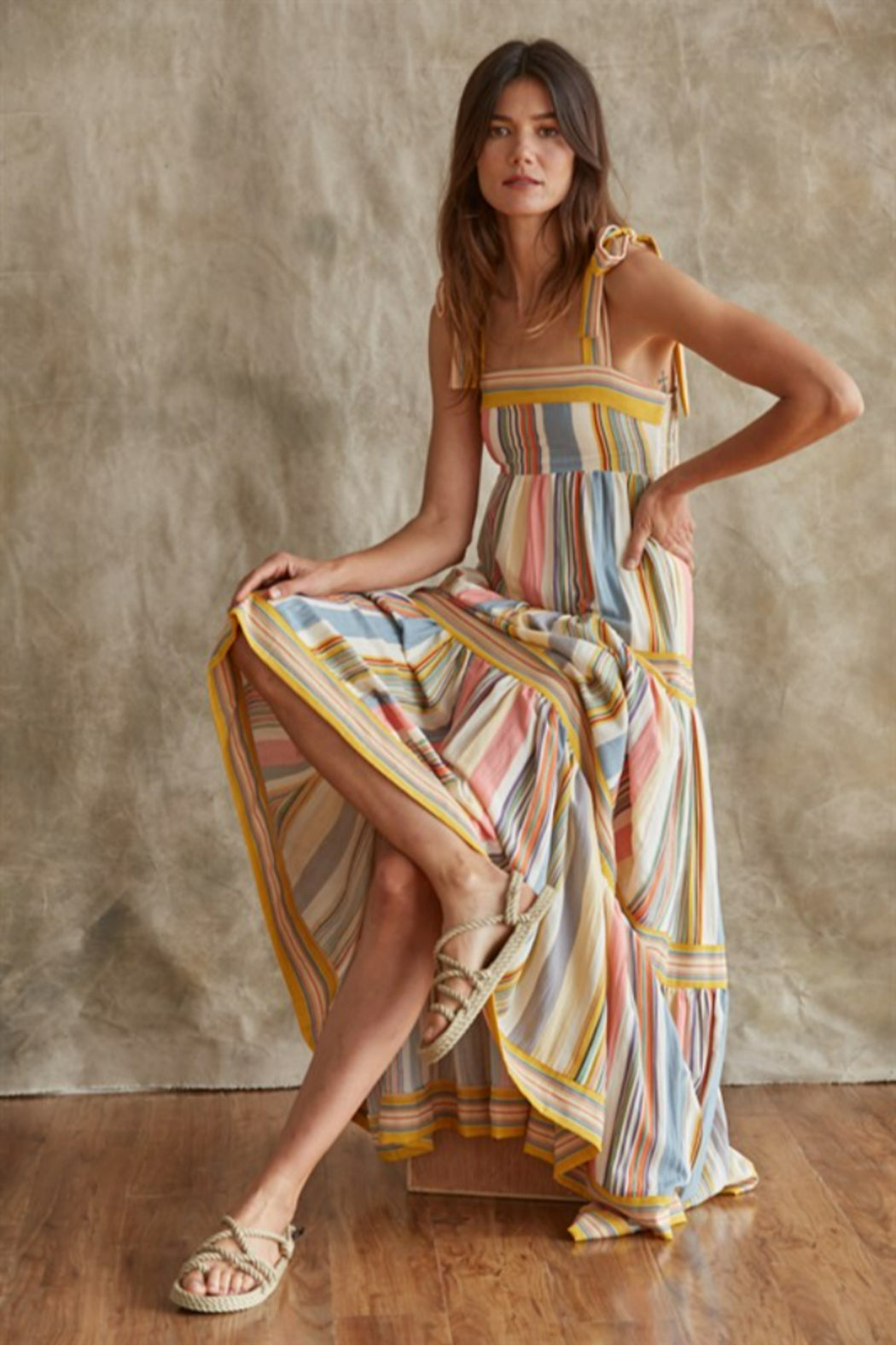 Tie Strapped Maxi Sundress - Pink Mustard Blue